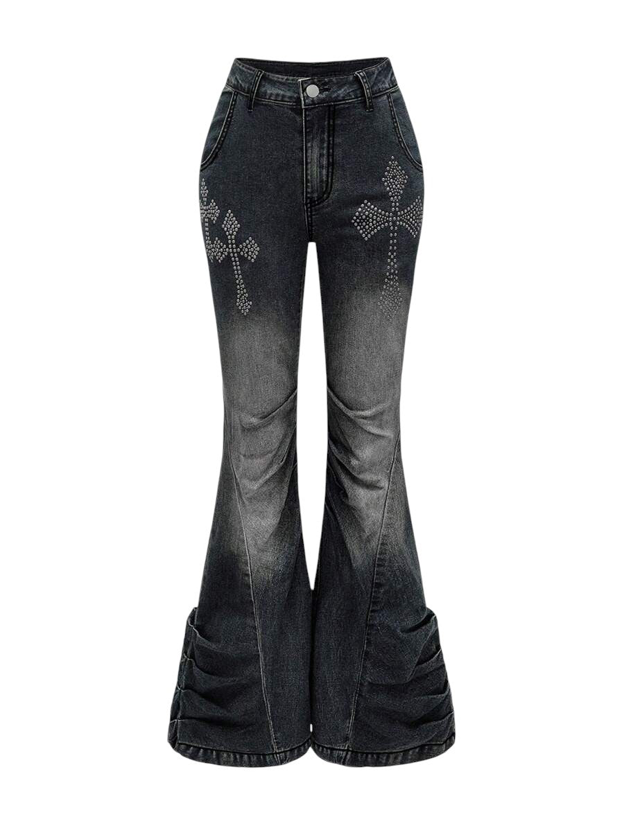 Dark Grey Y2K Cross Stud Distressed Low Rise Flare Jeans