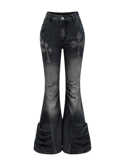 Dark Grey Y2K Cross Stud Distressed Low Rise Flare Jeans