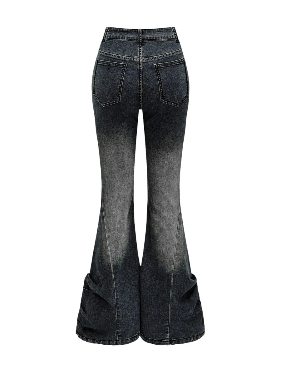 Dark Grey Y2K Cross Stud Distressed Low Rise Flare Jeans