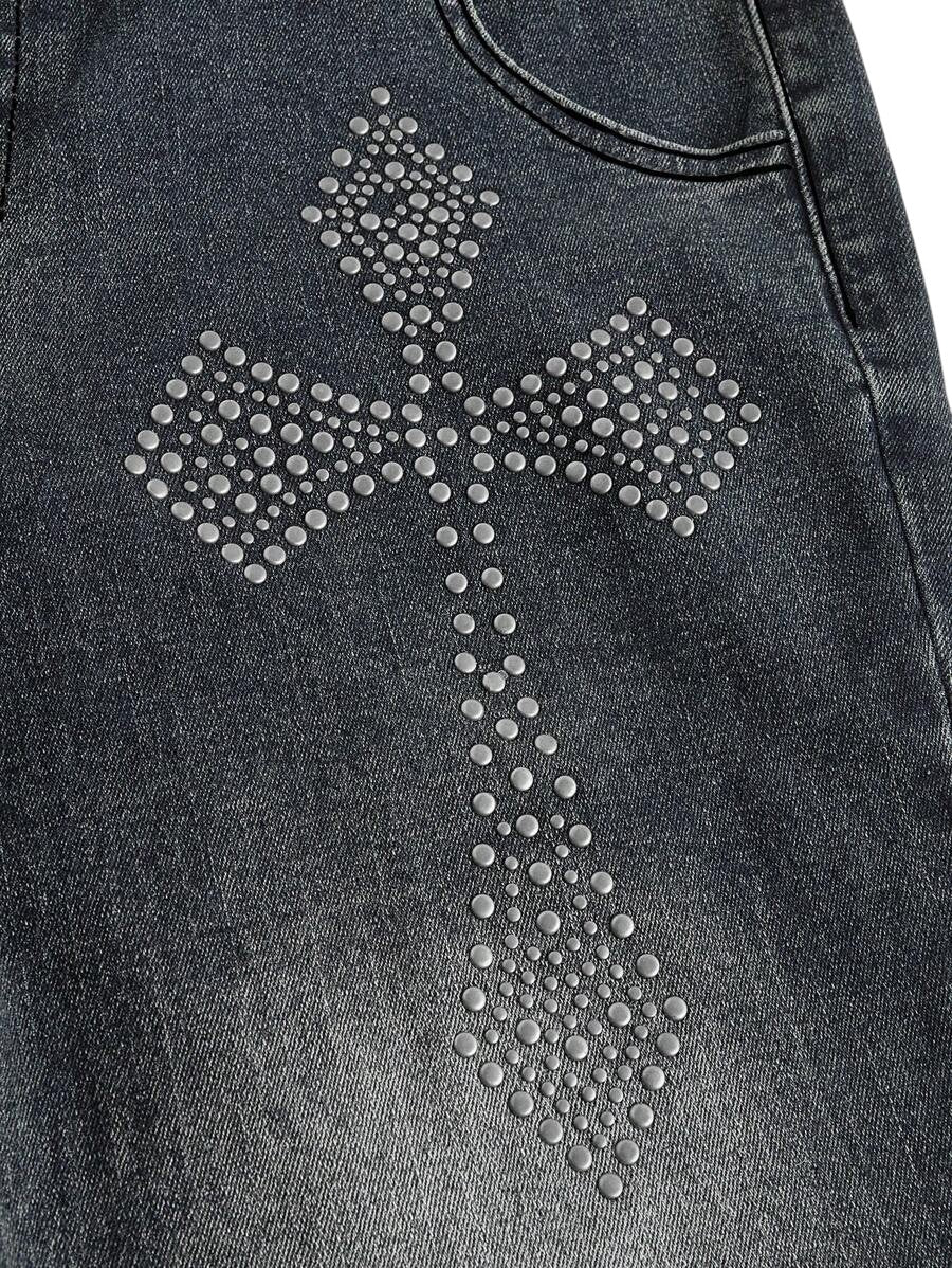 Dark Grey Y2K Cross Stud Distressed Low Rise Flare Jeans