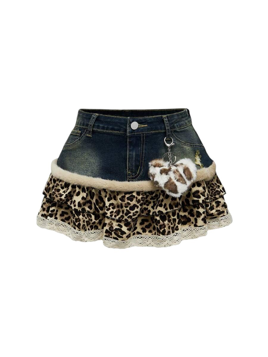 Y2K Leopard Print Lace Trim Patchwork Mini Denim Skirt