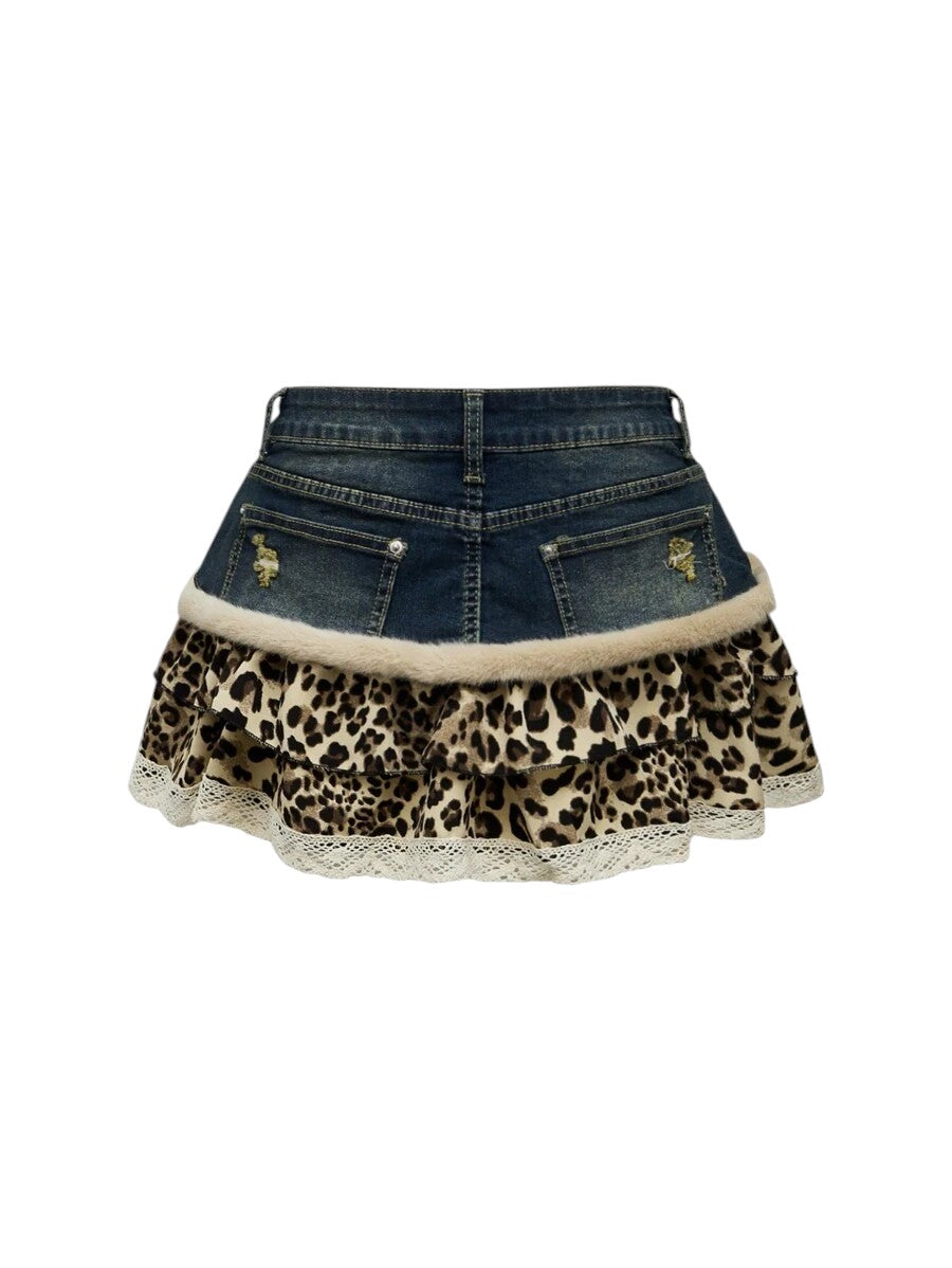 Y2K Leopard Print Lace Trim Patchwork Mini Denim Skirt