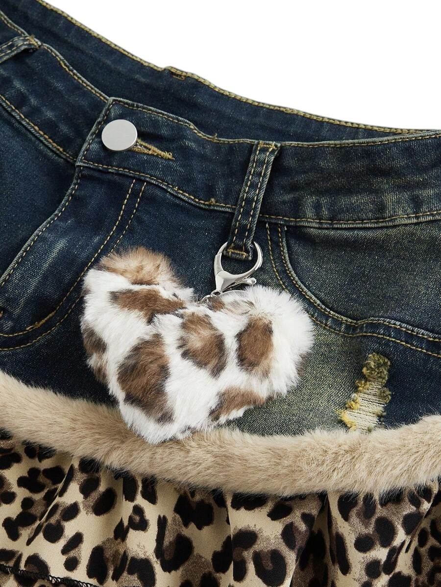 Y2K Leopard Print Lace Trim Patchwork Mini Denim Skirt