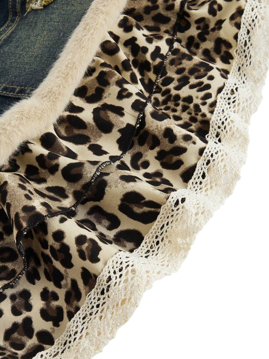 Y2K Leopard Print Lace Trim Patchwork Mini Denim Skirt