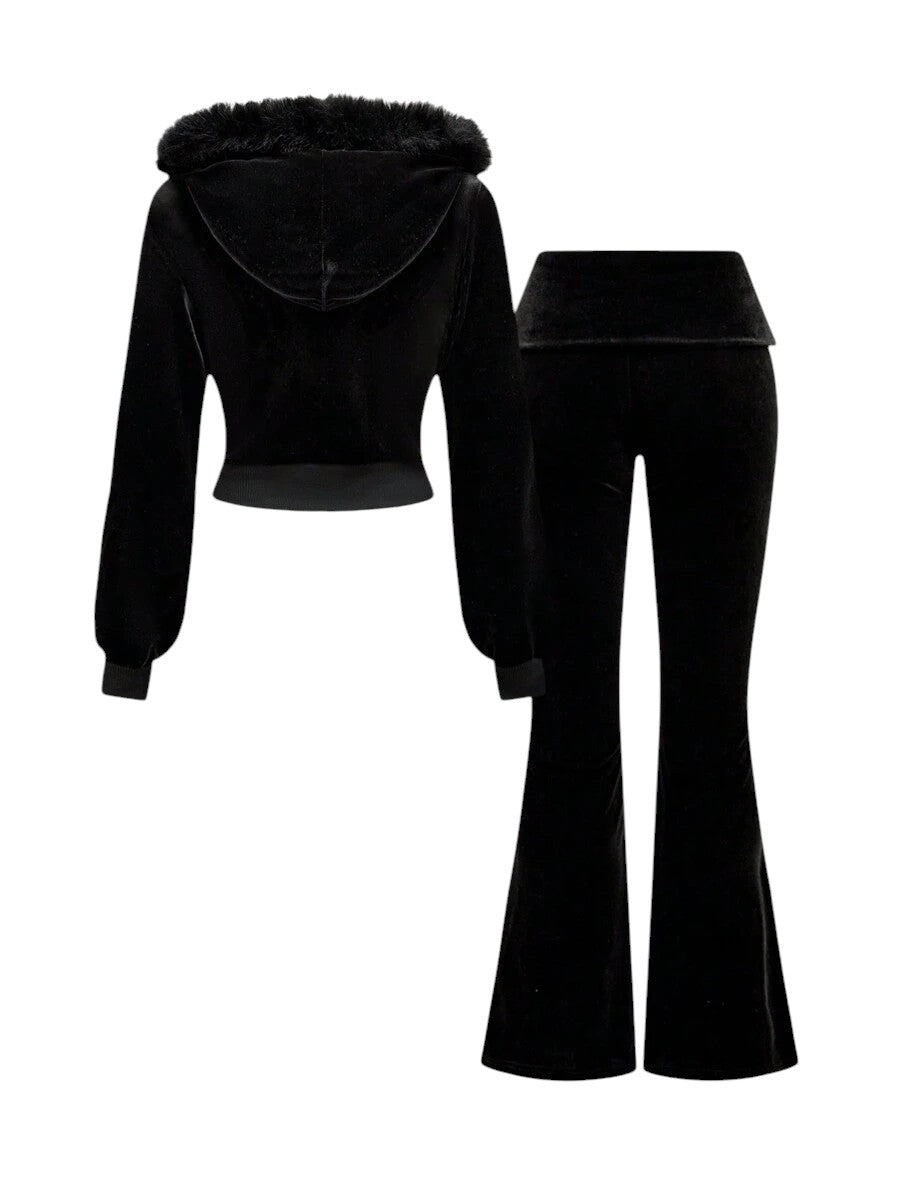 Black Velvet Cropped Hoodie & Low Rise Flare Pants Y2K Co-Ord Set