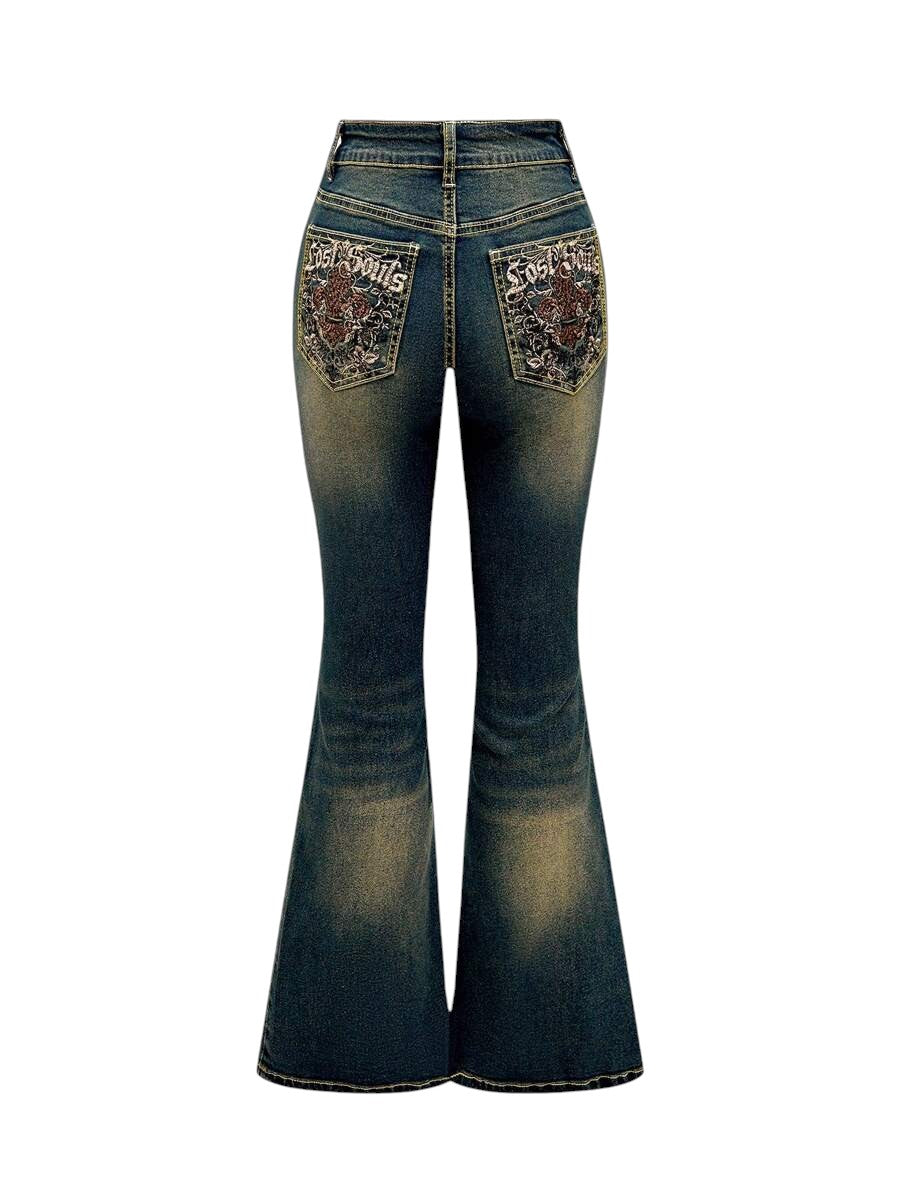 Blue Letter Embroidered Pocket Flared Denim Jeans for Women