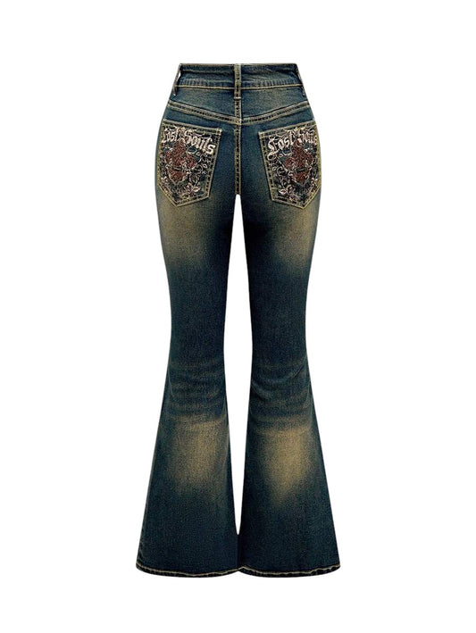 Blue Letter Embroidered Pocket Flared Denim Jeans for Women