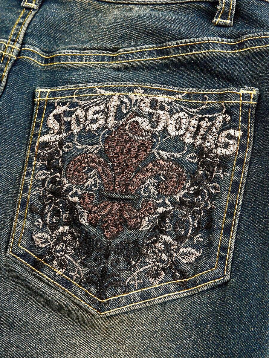Blue Letter Embroidered Pocket Flared Denim Jeans for Women