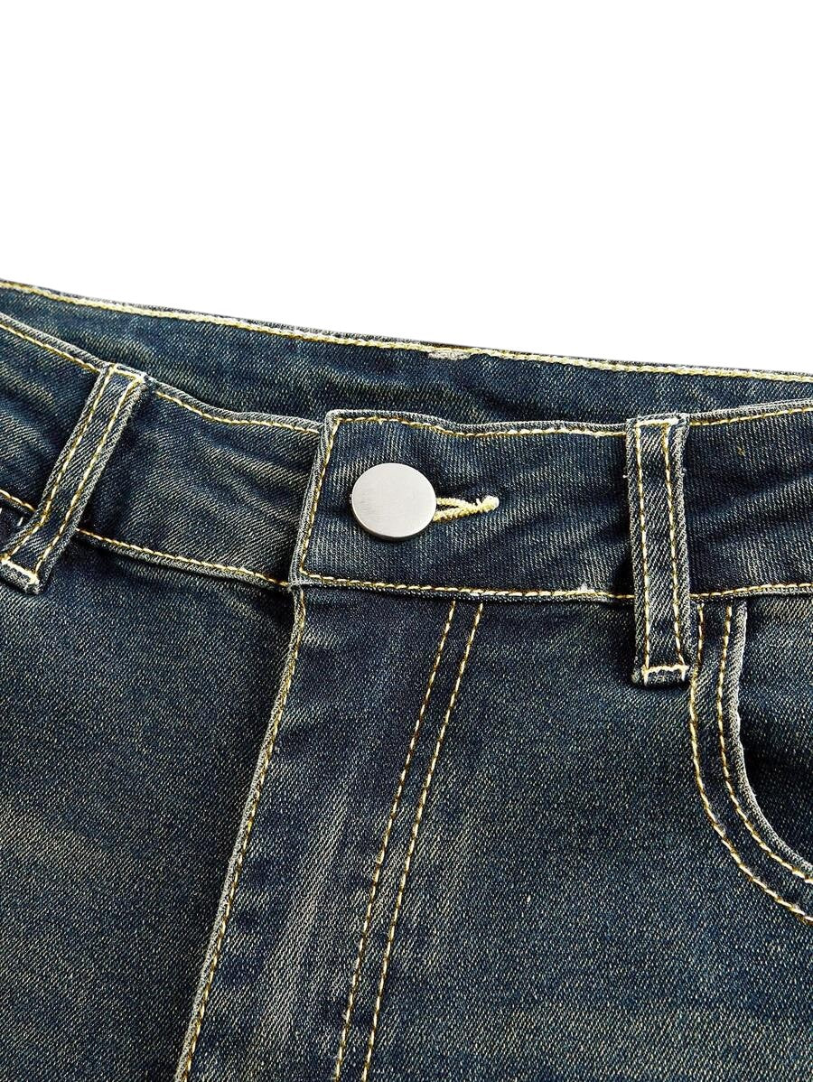 Blue Letter Embroidered Pocket Flared Denim Jeans for Women