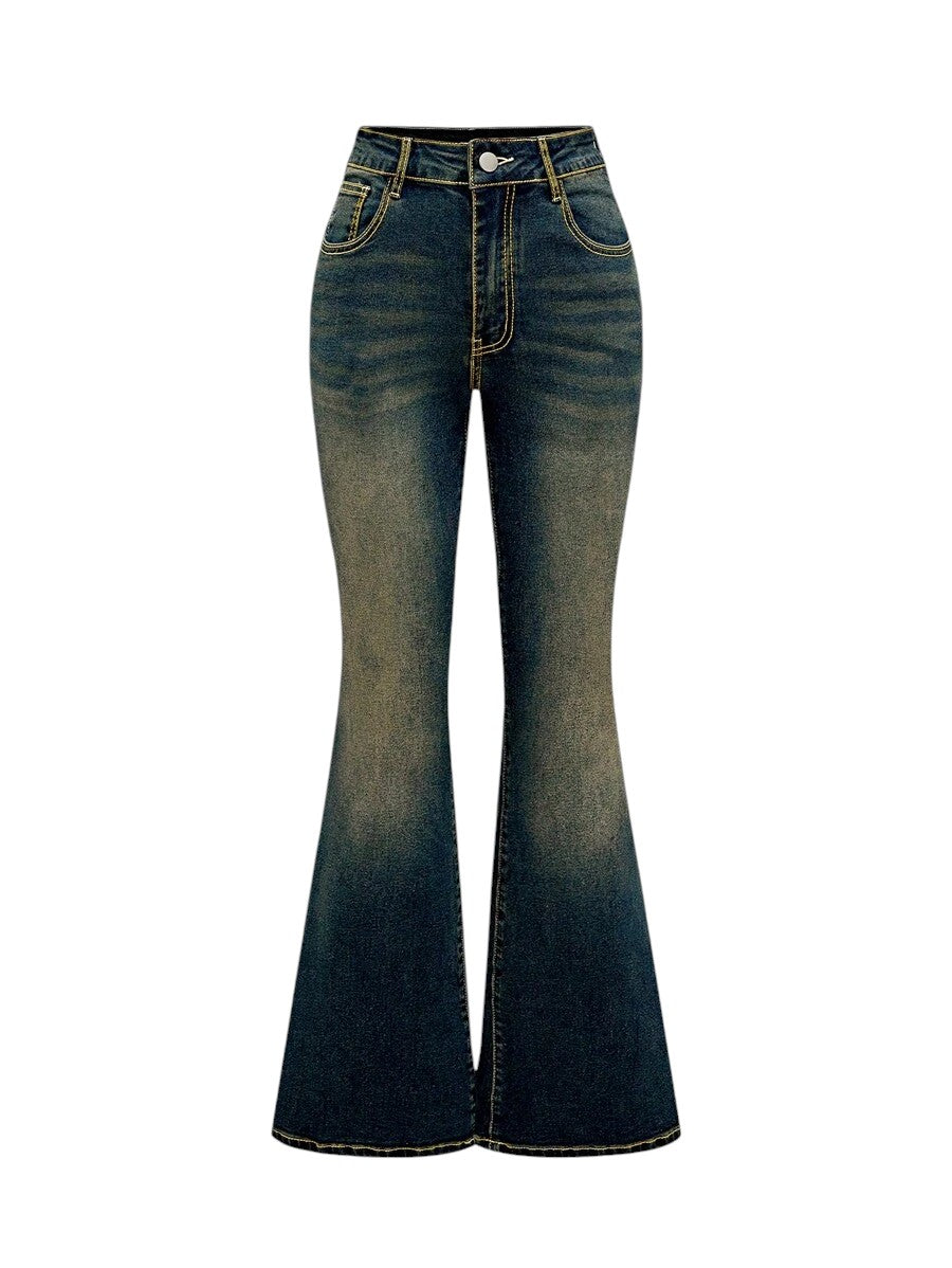 Blue Letter Embroidered Pocket Flared Denim Jeans for Women