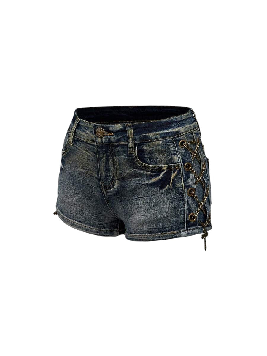 Women's Blue Vintage Wash Low-Rise Denim Shorts with Metal Cross Detail