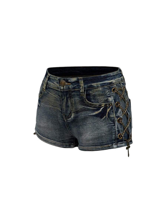 Women's Blue Vintage Wash Low-Rise Denim Shorts with Metal Cross Detail