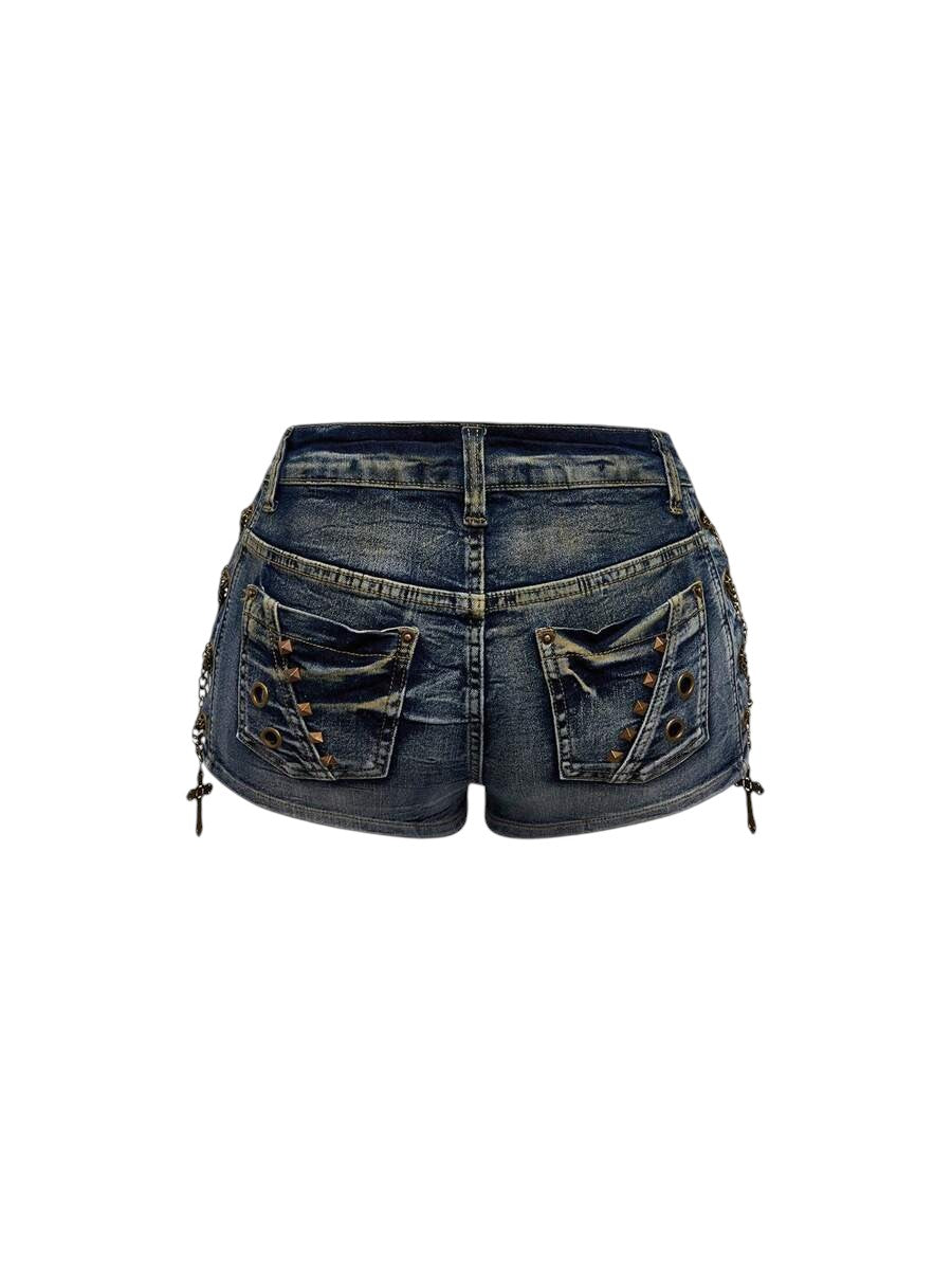 Women's Blue Vintage Wash Low-Rise Denim Shorts with Metal Cross Detail