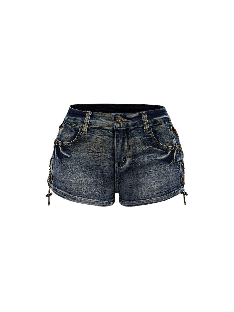 Women's Blue Vintage Wash Low-Rise Denim Shorts with Metal Cross Detail