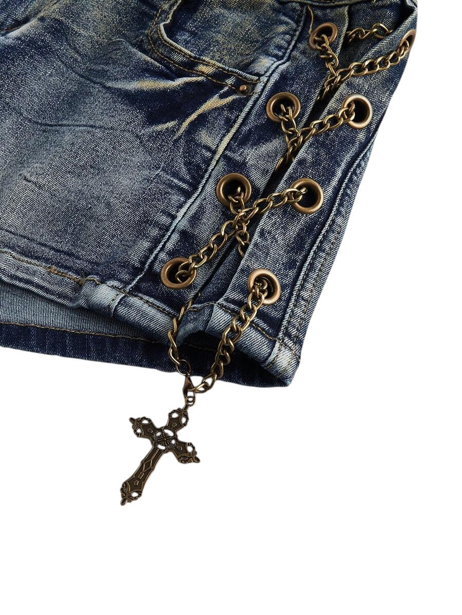 Women's Blue Vintage Wash Low-Rise Denim Shorts with Metal Cross Detail