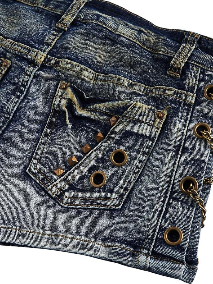 Women's Blue Vintage Wash Low-Rise Denim Shorts with Metal Cross Detail