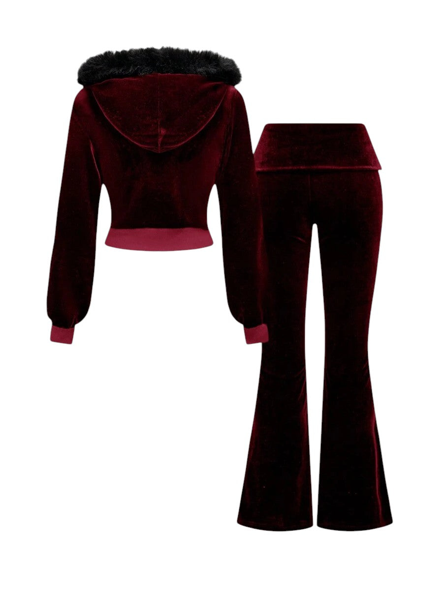 Burgundy Velvet Cropped Hoodie & Low Waist Flare Pants Y2K Co-Ord Set