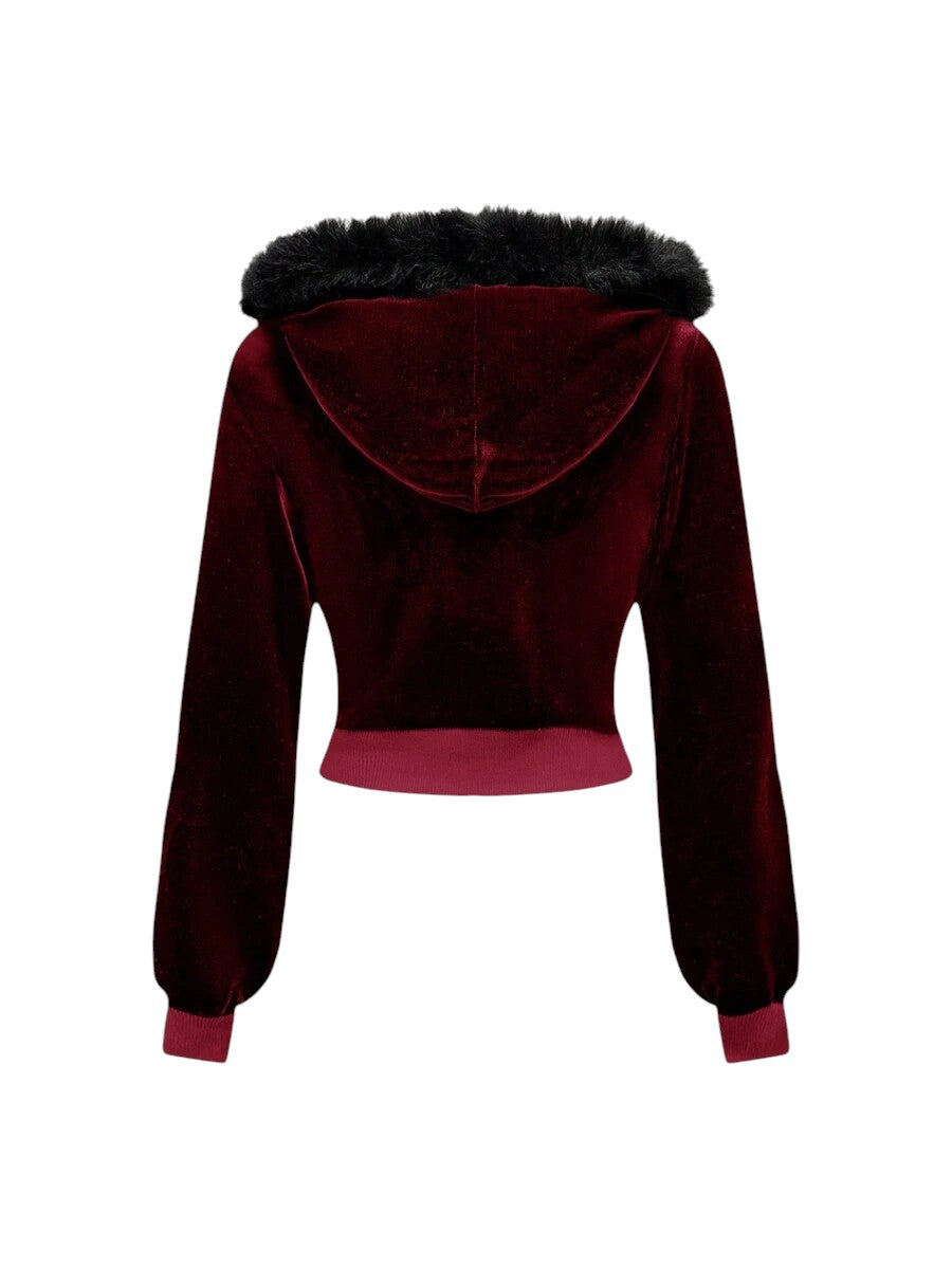 Burgundy Velvet Cropped Hoodie & Low Waist Flare Pants Y2K Co-Ord Set