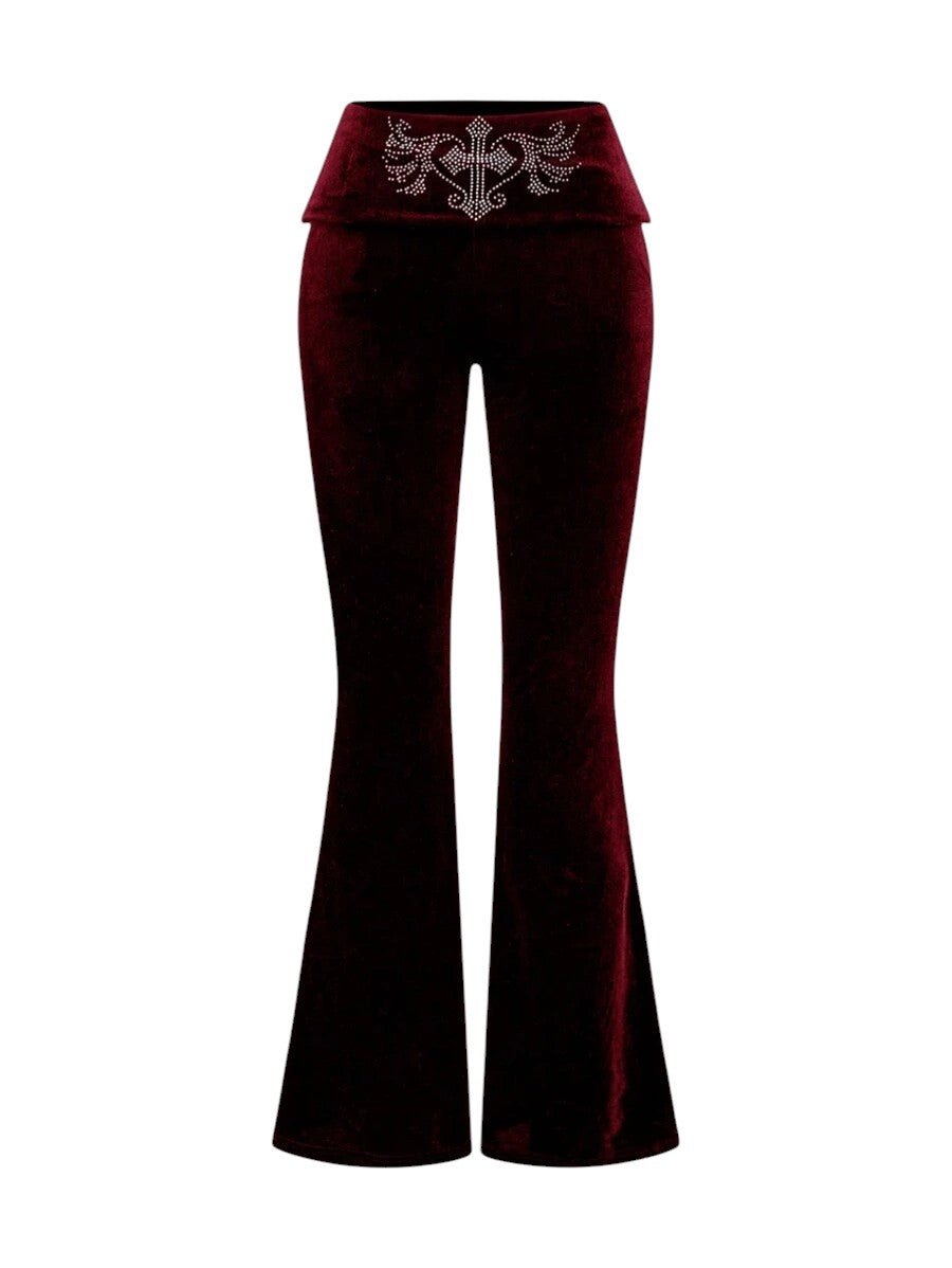 Burgundy Velvet Cropped Hoodie & Low Waist Flare Pants Y2K Co-Ord Set