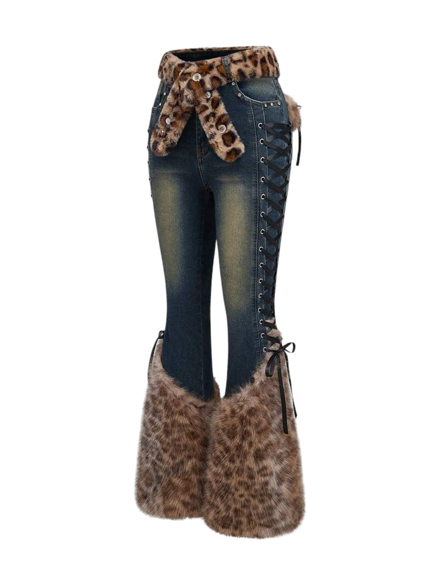 Baby Blue Gothic Leopard Patchwork Low Rise Denim Jeans