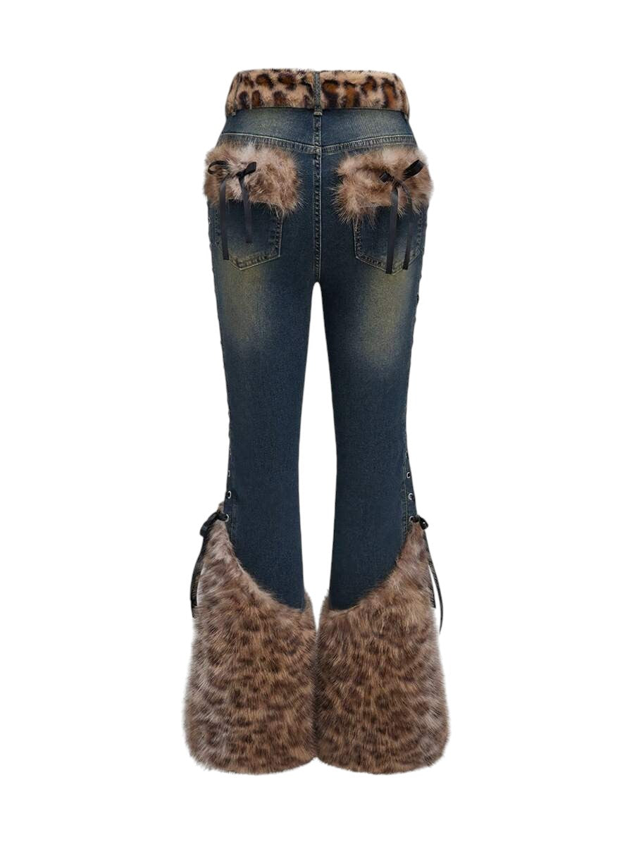 Baby Blue Gothic Leopard Patchwork Low Rise Denim Jeans