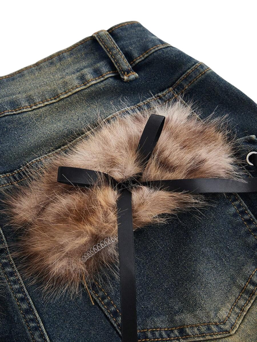 Baby Blue Gothic Leopard Patchwork Low Rise Denim Jeans