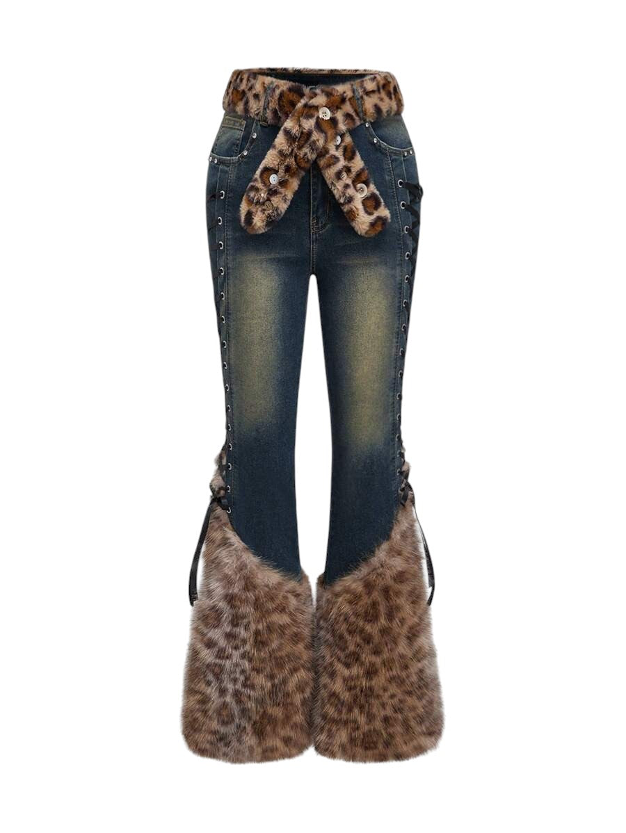 Baby Blue Gothic Leopard Patchwork Low Rise Denim Jeans