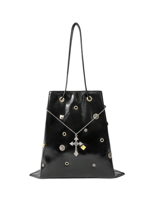 Gothic Rivet Cross Chain Bucket Shoulder Bag