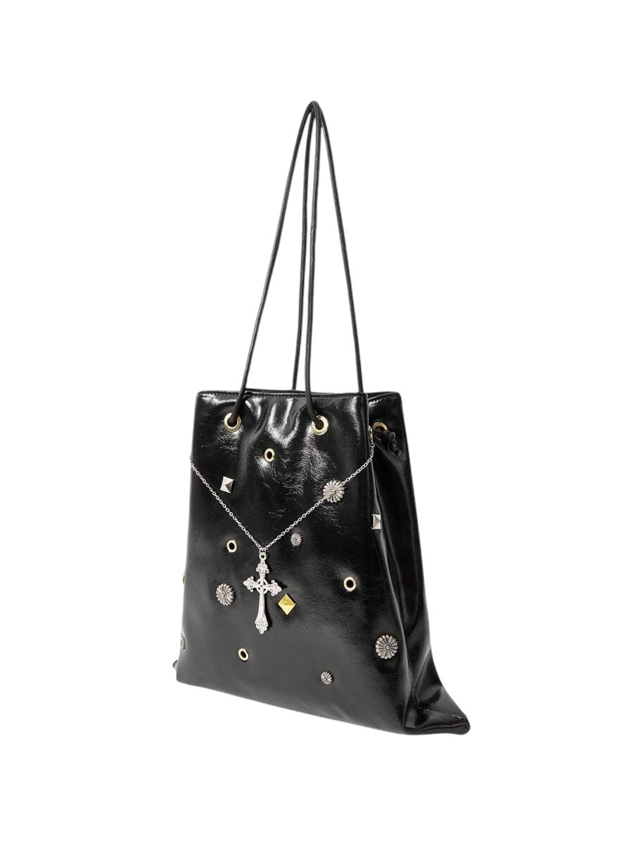 Gothic Rivet Cross Chain Bucket Shoulder Bag