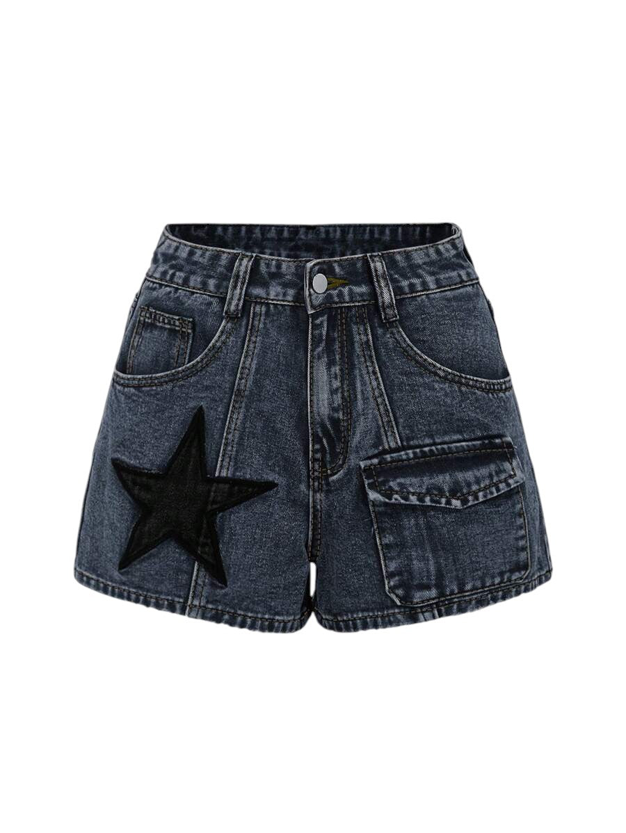Women's Blue Star Appliqué Utility Pocket Denim Shorts