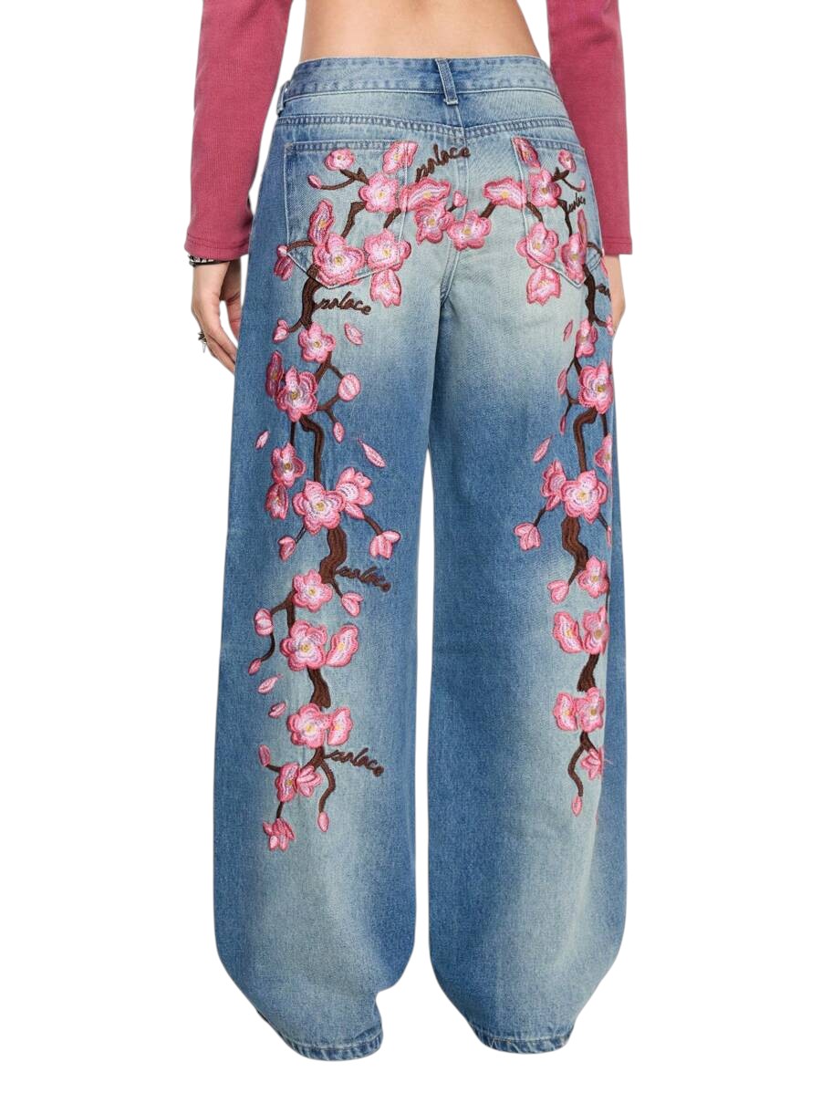 Blue Y2K Cherry Blossom Embroidered Low Rise Loose Denim Jeans