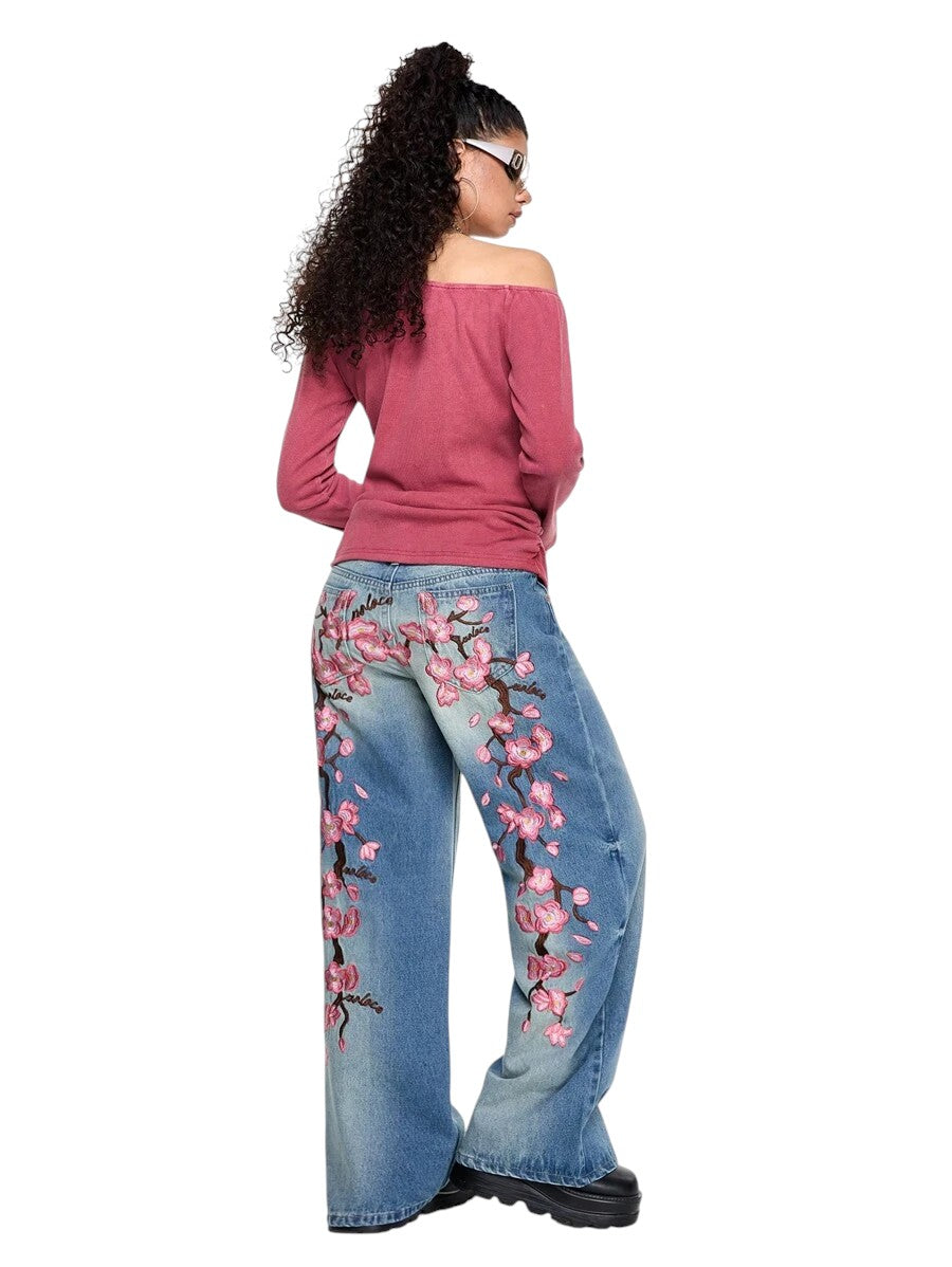 Blue Y2K Cherry Blossom Embroidered Low Rise Loose Denim Jeans