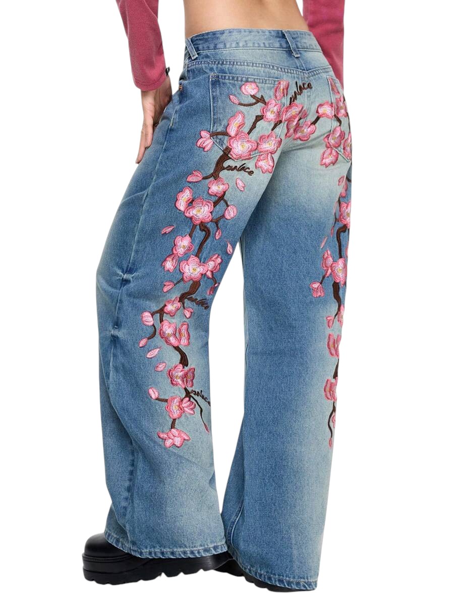 Blue Y2K Cherry Blossom Embroidered Low Rise Loose Denim Jeans