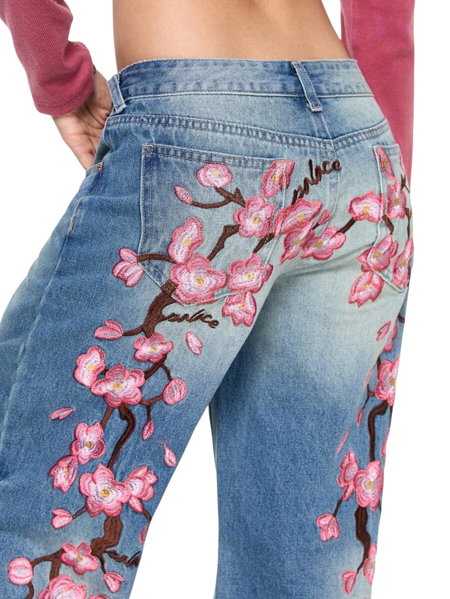 Blue Y2K Cherry Blossom Embroidered Low Rise Loose Denim Jeans
