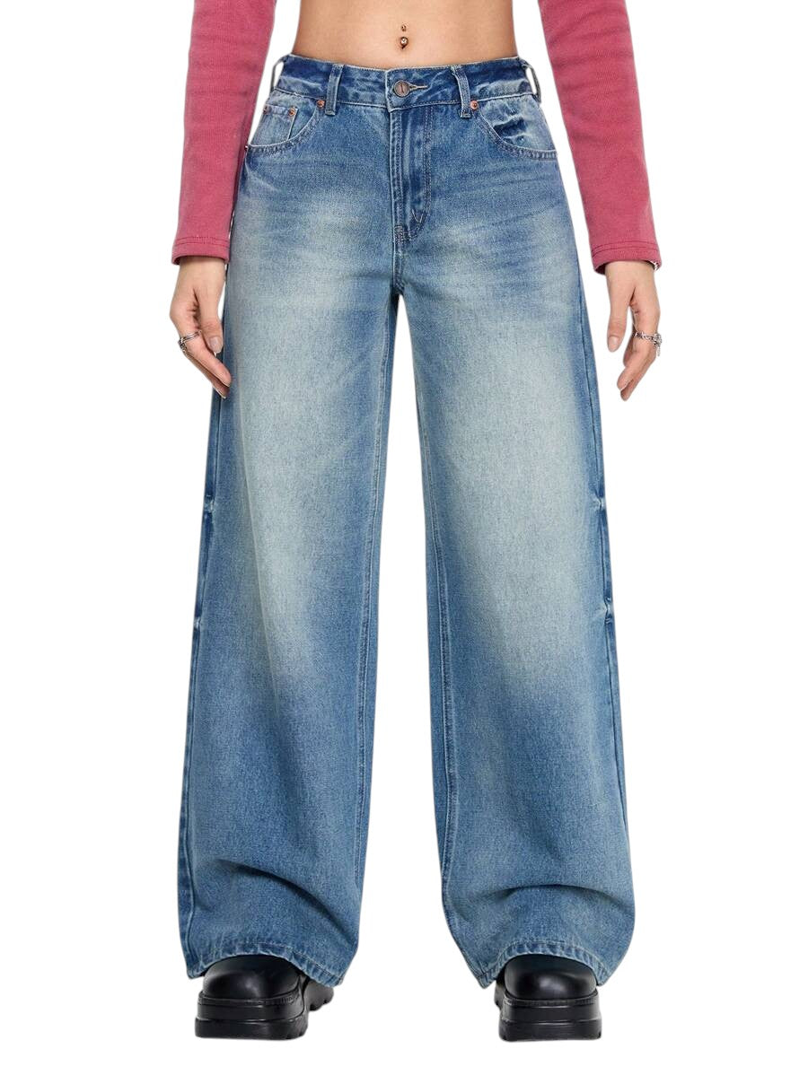 Blue Y2K Cherry Blossom Embroidered Low Rise Loose Denim Jeans
