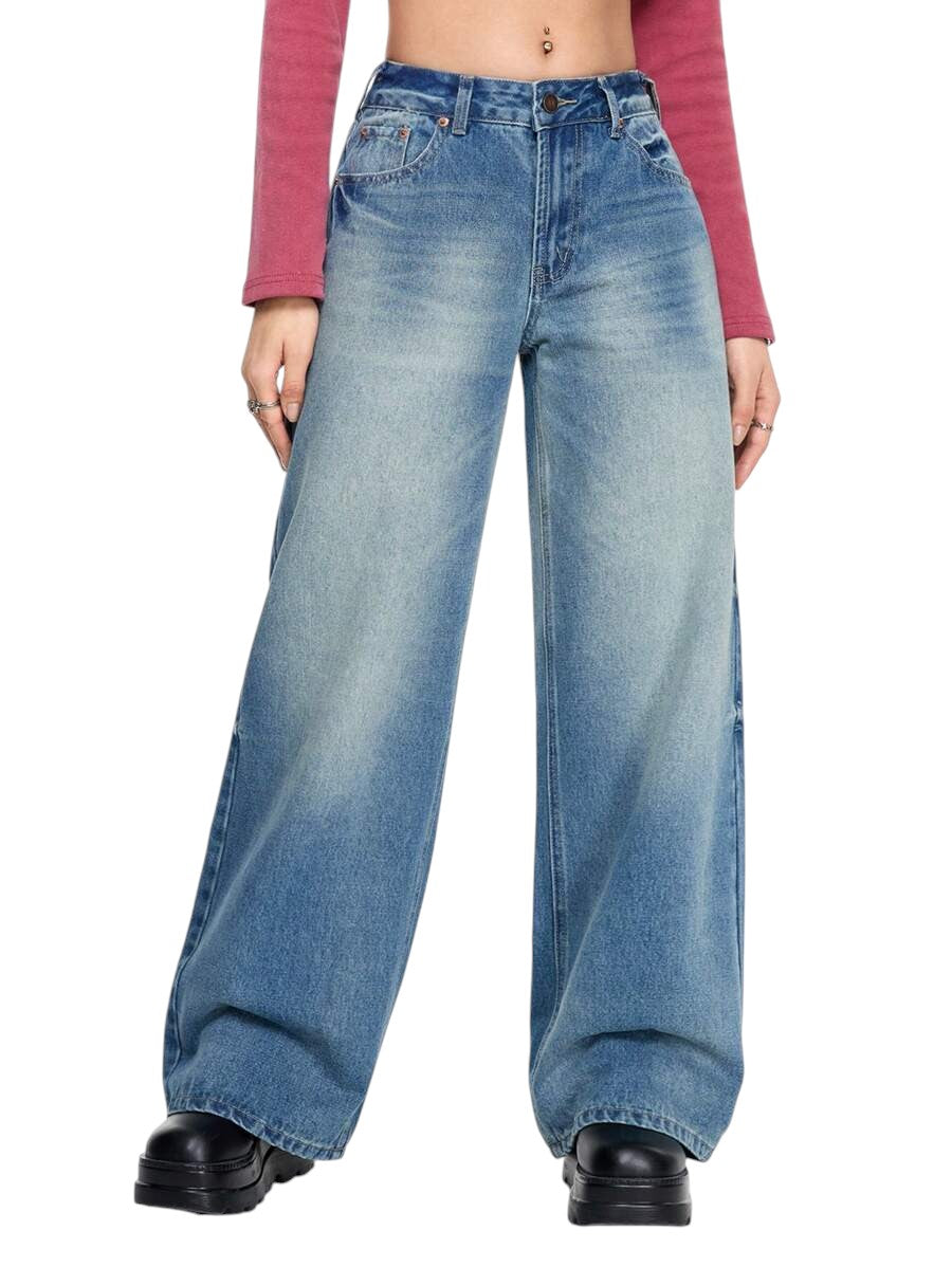 Blue Y2K Cherry Blossom Embroidered Low Rise Loose Denim Jeans