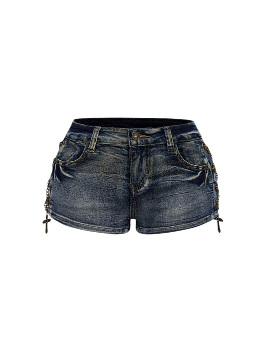 Plus Size Vintage Distressed Cross Charm Low-Rise Denim Shorts