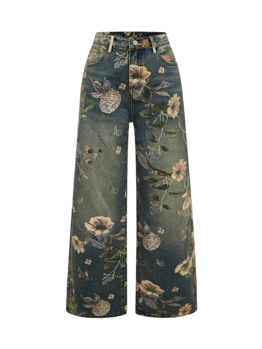 Blue Fairycore Vintage Floral Print Washed Wide Leg Denim Jeans