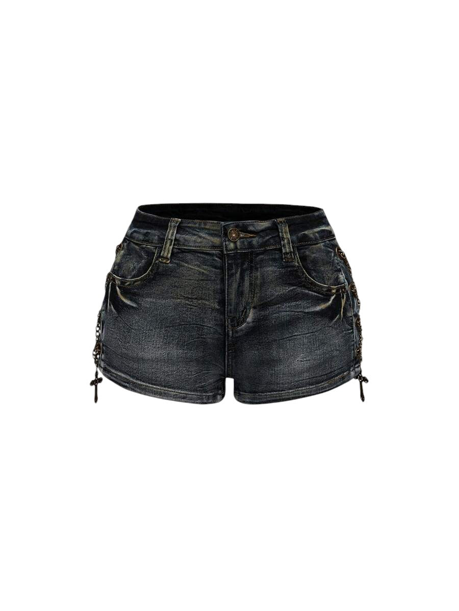 Women's Black Vintage Wash Low-Rise Denim Shorts with Cross Charm Detail