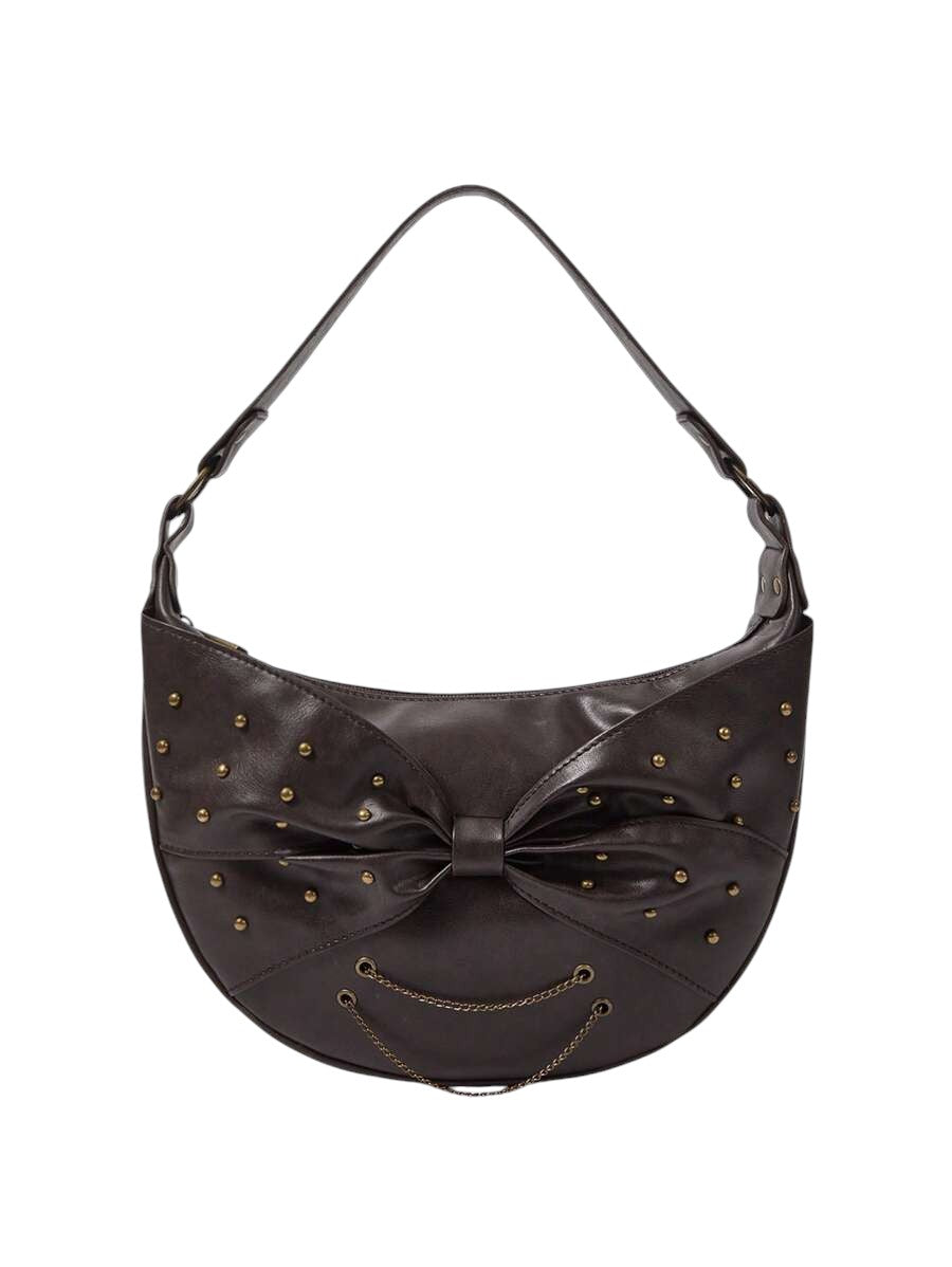 Vintage Studded Bow Chain Coffee Brown Shoulder Bag