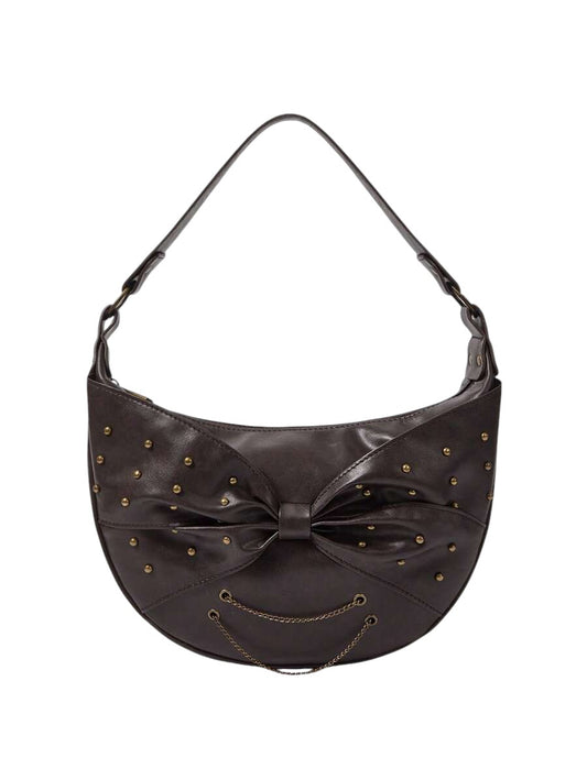 Vintage Studded Bow Chain Coffee Brown Shoulder Bag