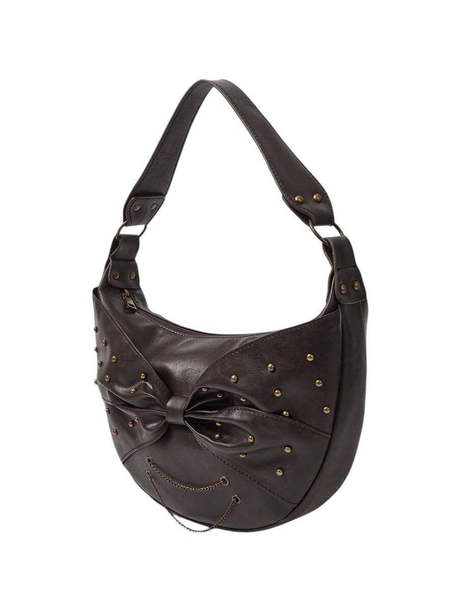 Vintage Studded Bow Chain Coffee Brown Shoulder Bag