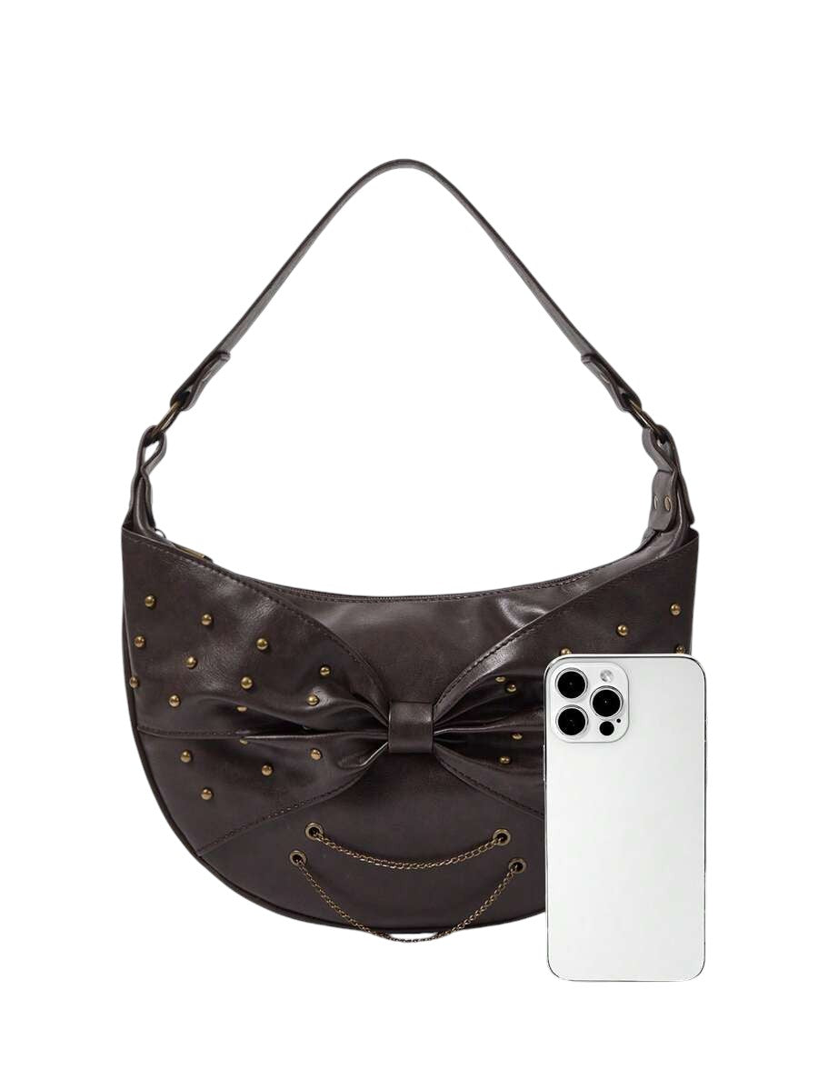 Vintage Studded Bow Chain Coffee Brown Shoulder Bag