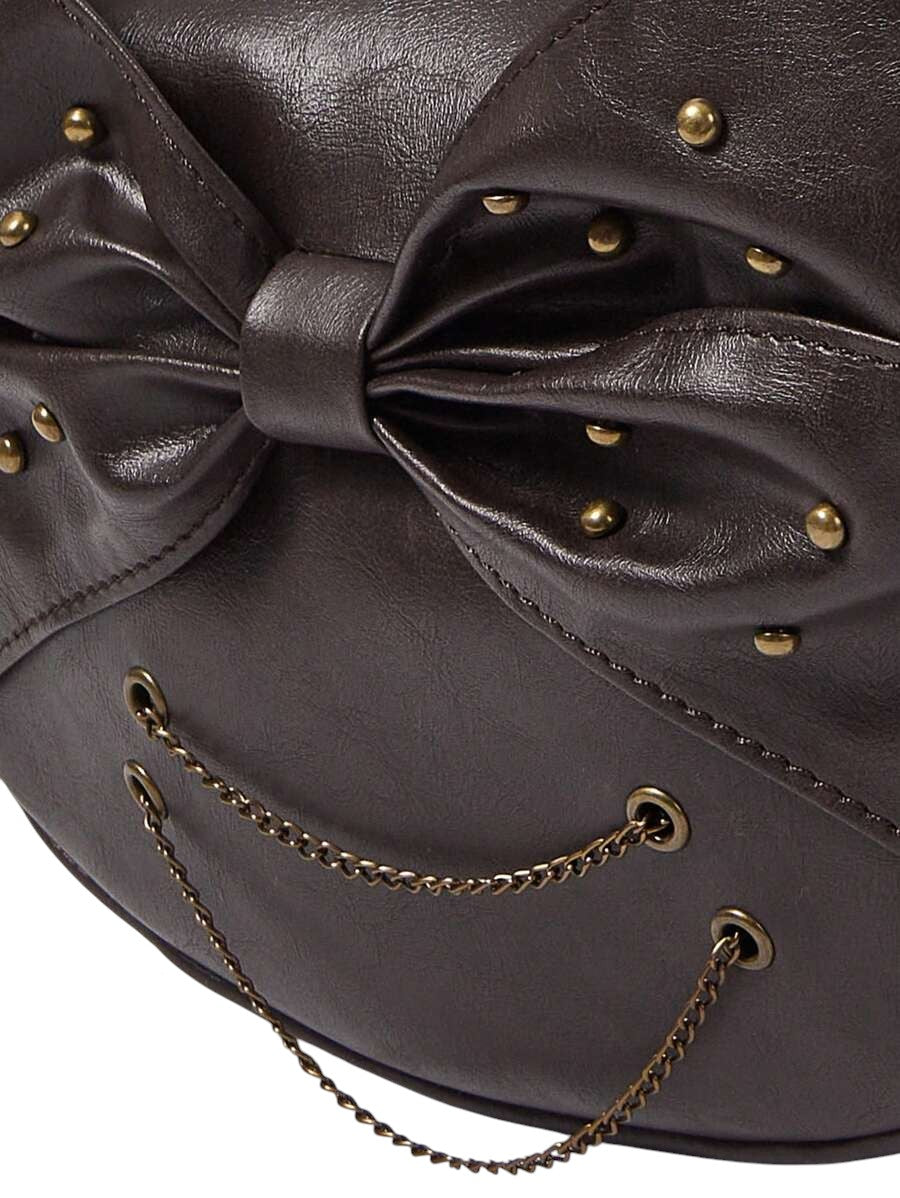 Vintage Studded Bow Chain Coffee Brown Shoulder Bag