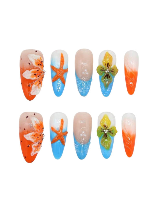 20pcs Ocean Starfish Rhinestone Gradient Press-On Nails Set