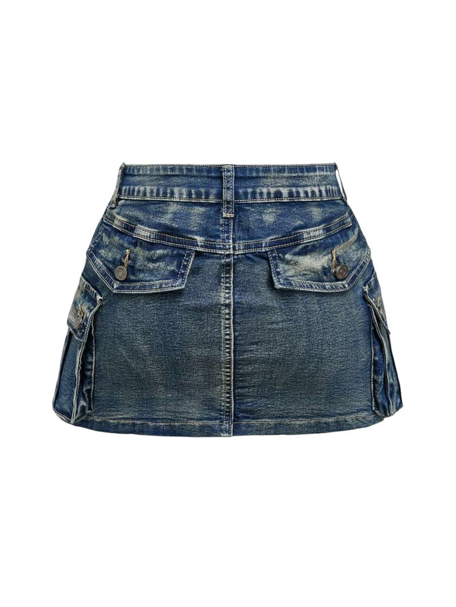 Plus Size Vintage Washed Low Rise Zip-Up Denim Mini Skirt