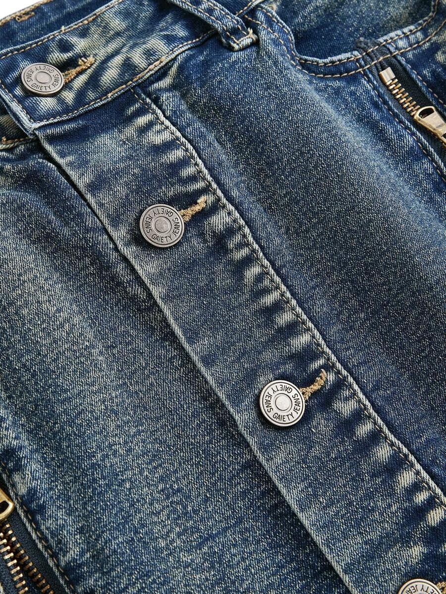Plus Size Vintage Washed Low Rise Zip-Up Denim Mini Skirt