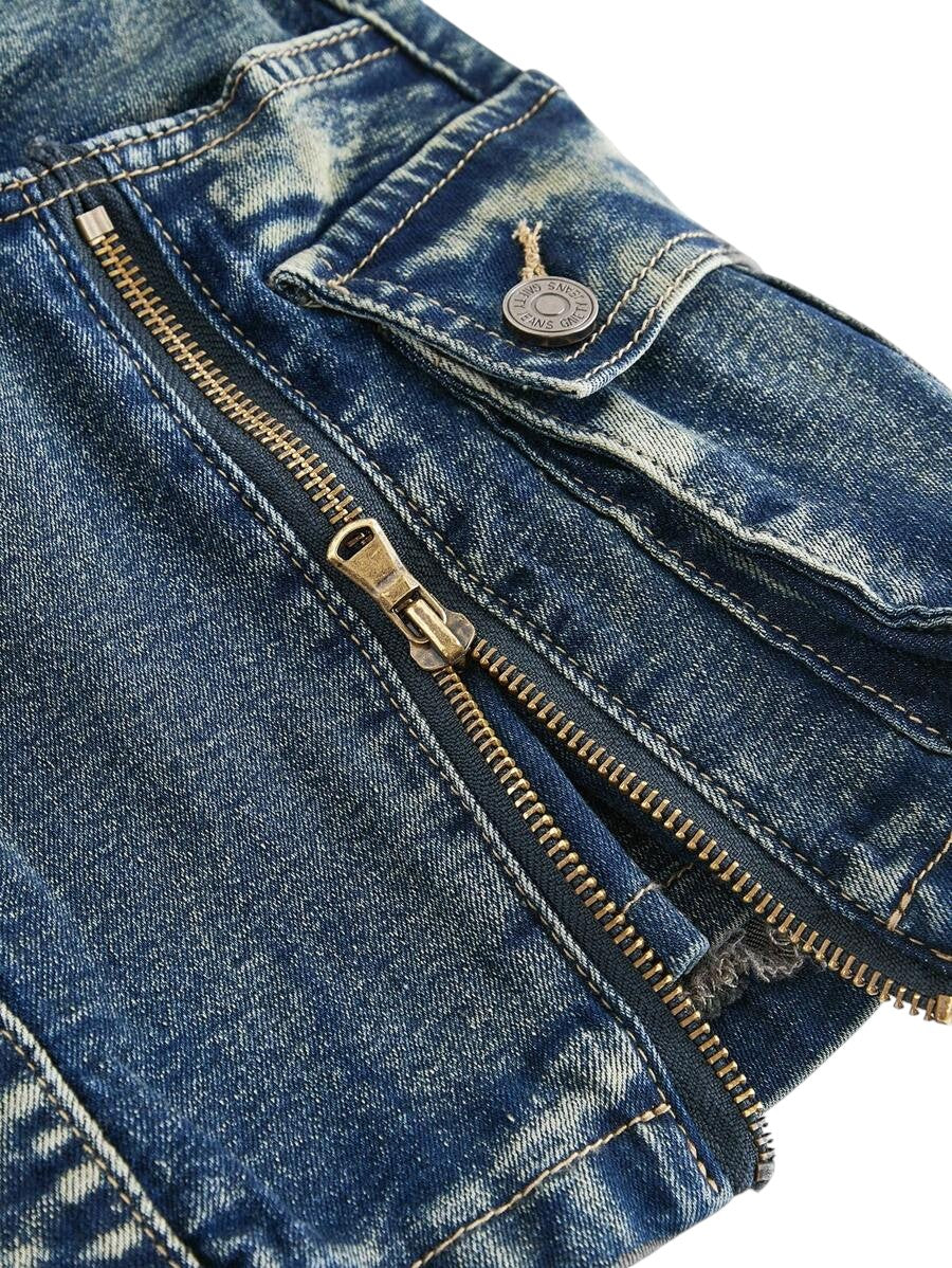 Plus Size Vintage Washed Low Rise Zip-Up Denim Mini Skirt