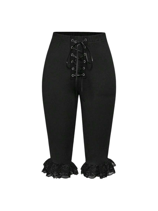 Women's Black Lace Patchwork Tie-Up Capri Pants