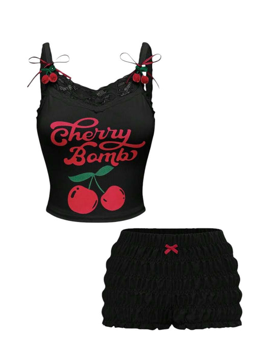 Plus Size Cherry Lace Spaghetti Strap Cami & Ruched Shorts 2 Piece Set